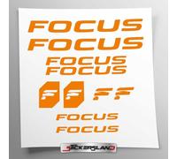 Kit autocollants compatibles avec châssis VTT Mountainbike et casque | Decalcomanies pour vélos écrits logos | Stickersland® - Focu (Orange opaque)