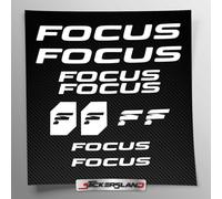 Kit autocollants compatibles avec châssis VTT Mountainbike et casque | Decalcomanies pour vélos écrits logos | Stickersland® - Focu (blanc mat)