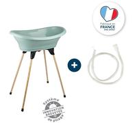 THERMOBABY - Kit Baignoire Bébé - Vasco - Baignoire, Pied En Bois & Tuyau De Vidange - Innovation Brevetée - Pliable & Stable - Peut Accueillir Un Transat De Bain - Fabriqué En France - Vert Sauge
