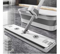 Kit Balai Serpillère Et Seau, Grande Serpillière Plate avec 8 Tampons en Fibre Super Absorbants , avec Seau Pliable À Roulette