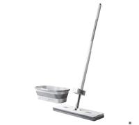 Kit Balai Serpillère Et Seau, Grande Serpillière Plate avec 8 Tampons en Fibre Super Absorbants , avec Seau Pliable À Roulette