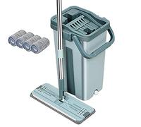 Kit Balai Serpillère Seau Essoreur Balai Auto Séchant Microfibre Plat avec Manche en Inox, Seau Double Compartiment Humide et à Sec 2 Serpillères Réutilisables Fournies Tous Types de Sols