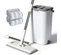 Kit Balai Serpillière Plat Seau Essoreur 2 en 1 & 4 Microfibres Seau double compartiment 4 recharges microfibre (2 douces 2