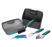 Kit balcon de Gardena : boîte en plastique avec pelle intégrée et kit 4 pièces pour jardiner sur les balcons et terrasses, transplantoir, griffe à fleurs, sécateur et brosse (8970-20)