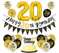 Kit Ballon Guirlande Noir Or pour Anniversaire Homme Femme Fête - Bannière Joyeux Anniversaire, Ballon 20 Ans Noir et Or