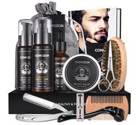 Kit Barbe Homme Complet 12 en 1 Kit de Soin Barbe Homme avec Rouleau Barbe Contenir Shampoing Barbe,Huile Barbe,Crèmes de Barbe, Peigne Barbe,Brosse à Barbe,Ciseaux Barbe, Rasoir, 10 lames Barbe
