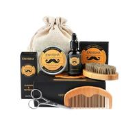 Kit Barbe Homme Complet - Huile à Barbe Hydratante, Baume Nourrissant, Brosse, Peigne en Bois, Ciseaux et Pochette - Coffret Cadeau Soin et Croissance Barbe et Moustache