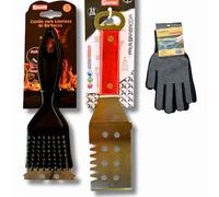 Kit barbecue 4 en 1 - Brosse de nettoyage pour barbecue avec grattoir en acier inoxydable + spatule multifonction avec ouvre-bouteille - Manche en bois + gants - Accessoires BBQ - Cadeau rôtissoire