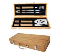 Kit Barbecue, 4 Pièces Set Barbecue en Acier Inoxydable avec Manche en Bois Kit Barbecue Fete des Peres Kit D'outils pour Barbecue Ustensiles avec Malette BBQ pour Barbecues en Plein Air et Camping