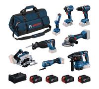 Kit batterie 8 outils : 18V GBH 18V-22, GWS 18V-8, GDR 18V-215, GSB 18V-65, GKS 18V-57-2, GSA 18V-28, GOP 18V-34, GLI 18V-300 4x GBA 5.0Ah et chargeur GAL 12V/18V-80 dans sac à outils - BOSCH - 0615V0