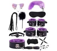 Kit BDSM 12 Pièces Avec Plug Anal Queue, Menottes, Collier, Pinces De Seins - Jouet Adulte Pour Couples Débutants - Rose (Violet $noir)