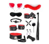 Kit BDSM 12 Pièces Avec Plug Anal Queue, Menottes, Collier, Pinces De Seins - Jouet Adulte Pour Couples Débutants - Rose (Noir et rouge)