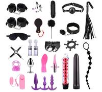 Kit BDSM Bondage 26 Pièces Qoosea pour Couples Menottes Réglables Entraves Cheville Collier avec Set de Plug Anal Pinces à Tétons Fouet Cache-yeux Boule Baillon Jouets Vibrants pour Jeu Sensuel Adulte