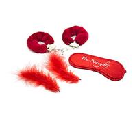 Kit BDSM Complet Couple Débutant et Confirmé, Bondage Jeux - Sadomasochisme Accessoires Bondage - 3 Pièces : Menottes, Plumeau Et Les Yeux Bandés,Rouge
