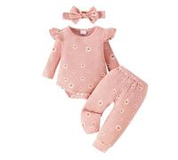 kit Bebe Naissance Habits Ensembles vêtements bébé Fille 0-18 Mois Fleur Automne Body Bebe Fille Manche Longue Volants Combinaison Doux Printemps + Pantalon + Bandeau Noeud (6-9 Mois)