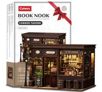 Kit Book Nook - Puzzle miniature en bois à faire soi-même avec taverne d'angle - Maison de poupée 3D sur le thème du pub vintage avec lumières LED - Décoration de bar réaliste pour la maison et la
