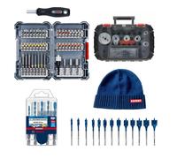 Kit BOSCH 5 forets expert + Assortiment d’embouts de vissage + Coffret de scie trépan + Trousse mèches plates + Bonnet