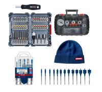 Kit BOSCH 5 forets expert + Assortiment d’embouts de vissage + Coffret de scie trépan + Trousse mèches plates + Bonnet