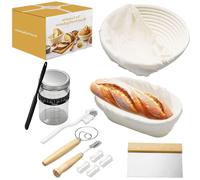 Kit Boulangerie Levain 8 pièces - 2 Bannetons pour Pain (23 cm + 25 cm) Coupe Pate Boulangerie Lame de Boulanger Pot Fermentation Fouet Danois Brosse et Compteur de Croissance pour pains et levains