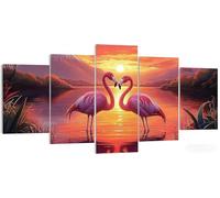 Kit Broderie Diamant Flamants Roses Carré 5 Pièces, Paysage Diamond Painting Grand Format 50x30cm, 5D DIY Tableau Multi Panneaux Strass Point de Croix, Loisir Créatif Adulte, Décoration Murale W5-515