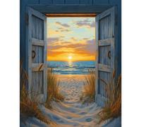 Kit broderie point de croix Beach Sunset Gate 40x50 cm | Kit prêt à commencer, cadre non inclus; 40x50 cm; 1 toile 11CT imprimée; 2 aiguilles; 1 jeu fils; mode d’emploi; motifs