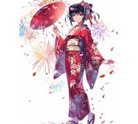 Kit Broderie Point de Croix DIY Adulte,Canevas Pré-Imprimé 11CT 40x50cm pour Débutants,Kit Complet avec Fils,Aiguille et Toile pour Créations Faciles et Relaxantes,Fille japonaise en kimono