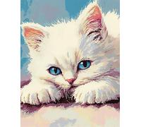 Kit Broderie Point De Croix Fleurs Imprimé Tissu De Grille, Chat Blanc Mignon Triste Aux Yeux Bleus,11Ct 40X50Cm Point De Croix Kit De Broderie Diy Œuvres D'Art Faites À La Main Pour Adultes