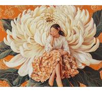 Kit Broderie Point De Croix Fleurs Imprimé Tissu De Grille, Fille Assise Sur Un Énorme Chrysanthème,11Ct 40X50Cm Point De Croix Kit De Broderie Diy Œuvres D'Art Faites À La Main Pour Adultes