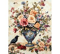 Kit Broderie Point De Croix Fleurs Imprimé Tissu De Grille, Fleurs, Oiseaux Et Pies,11Ct 40X50Cm Point De Croix Kit De Broderie Diy Œuvres D'Art Faites À La Main Pour Adultes Début