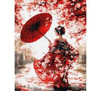 Kit Broderie Point De Croix Imprimé Tissu De Grille,Geisha Rouge, Fleurs De Cerisier Dansantes Point De Croix Kit De Broderie 14Ct Diy Œuvres D'Art Faites À La Main Pour Adultes Débutants 40