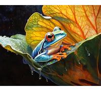 Kit Broderie Point De Croix Paysage Imprimé Tissu De Grille, Grenouille Sous Une Énorme Feuille De Lotus 40X50Cm Point De Croix Kit De Broderie 11Ct Diy Œuvres D'Art Faites À La Main Pour Ad