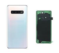 (KIT) Cache batterie + adhésif double face + lentille compatible pour Samsung Galaxy S10 G973F G973 Remplacement verre arrière coque arrière arrière arrière autocollant + objectif camera (Prism White)
