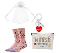 Kit cadeau infirmière, 1 trousse de maquillage, 1 porte-clés infirmière, 1 carte de v ux, 1 sachet en mousseline, 1 paire de chaussettes en coton - Cadeau idéal pour exprimer votre gratitude enve