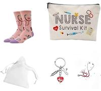 Kit cadeau infirmière, 1 trousse de maquillage, 1 porte-clés infirmière, 1 carte de vœux, 1 sachet en mousseline, 1 paire de chaussettes en coton - Cadeau idéal pour exprimer votre gratitude enve