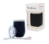 Kit Calebasse Yerba Maté | Tasse isotherme + Paille Bombilla traditionnelle + Couvercle type thermos | Gourde Idéale pour boire le Maté chaud | Double paroi en acier inoxydable (Noir)