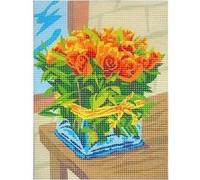 Kit canevas 15x20cm vase de rose orange toile coton + aiguille + fils enfants broderie MULTICOLORE