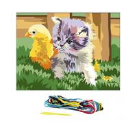 Kit canevas 15x20cm Chaton poussin toile coton + aiguille + fils enfants broderie MULTICOLORE