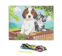 Kit Canevas - Chiot et Chaton gris - 15x20 cm - Fils 100% coton - Aiguille incluse