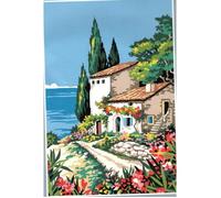 Kit Canevas - Le Sud - Villa fleurie sur la Mer - 22 x 33 cm - Toile imprimée antique - Aiguille et fil inclus