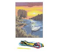 Kit canevas 15x20cm Bord de rivière cygnes toile coton + aiguille + fils enfants broderie MULTICOLORE