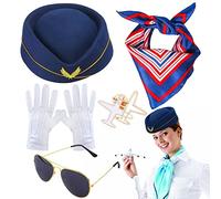 Kit Capitaine Pilote Set | Accessoires De Déguisement Hôtesse De L'air Femme | Accessoires De Costume D'hôtesse De L'air - Hôtesse De L'air Lunettes De Soleil Gants Avion Insigne Béret Bleu Rouge