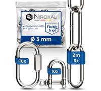 Kit chaîne inox 3 mm, 5 x 2 m, 5 chaînes, 10 manilles, 10 maillons rapides, inox A4 V4A 316 qualité marine, suspension jardin sport