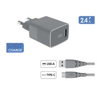 Kit Chargeur USB A 3A + Câble Ultra-Renforcé USB A / USB C 1.2m Gris + Garantie à vie Force Power