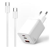 Kit Chargeur USB-C 65W GaN Waytex + Câble USB-C 1m 60W Nylon Blanc, 3 Ports Rapide Sécurisé PC Smartphone