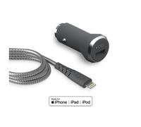 Kit Chargeur Voiture USB A 2.4A + Câble Ultra-Renforcé USB A / Lightning 1.2m Gris + Garantie à vie Force Power