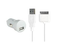 Kit Chargeur Voiture USB A 2A + Câble USB A / 30 PIN 1m Blanc Bigben