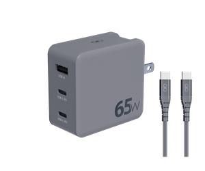 Kit Chargeur Voyage USB A + 2 USB C 65W Europe/UK/USA/Australie/Chine + Câble Ultra-Renforcé USB C / USB C 2m Gris + Garantie à vie Force Power