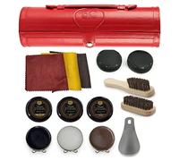 Kit Cirage Chaussure Cuir 12 Pièces avec Cire Noire, Marron et Neutre, Étui Rouge, Brosses Crin de Cheval, Chiffons de Lustrage, Chausse-Pied et Éponges dans un Étui en Cuir PU Portable pour Voyage