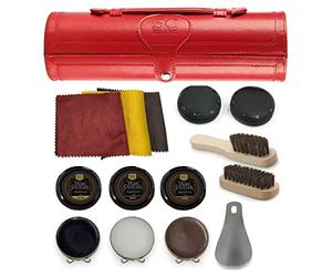 Kit Cirage Chaussure Cuir 12 Pièces avec Cire Noire, Marron et Neutre, Étui Rouge, Brosses Crin de Cheval, Chiffons de Lustrage, Chausse-Pied et Éponges dans un Étui en Cuir PU Portable pour Voyage