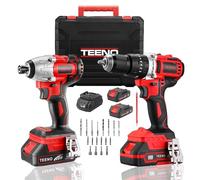 Kit Clé à Chocs + Perceuse Visseuse Sans Fil TEENO, 20V 90/45 Nm, 2 Outils + 2 Batteries 2.0Ah, 20+3 Réglages de Couple, 25 Accessoires Professionnels
